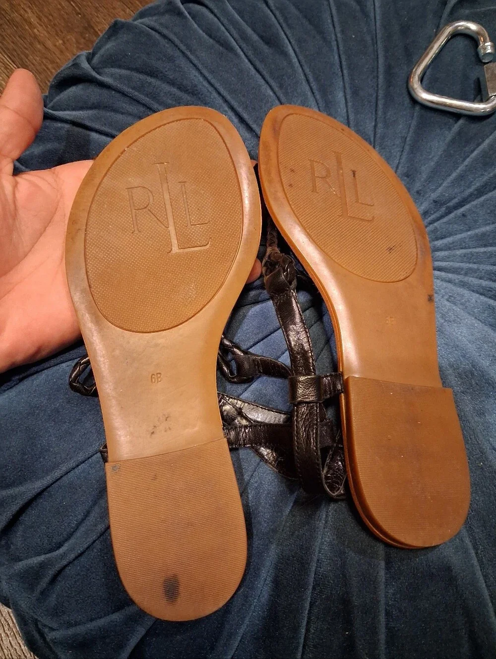 Lauren Ralph Lauren Black Braided Thong Sandals with Tan Footbed